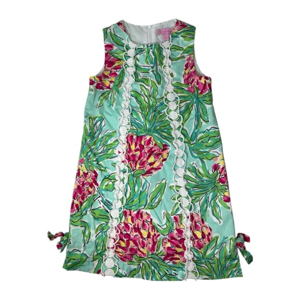 Lilly Pulitzer Girls Shift Sleeveless Dress Lace Trim Sz 8 Tropical Green Pink
